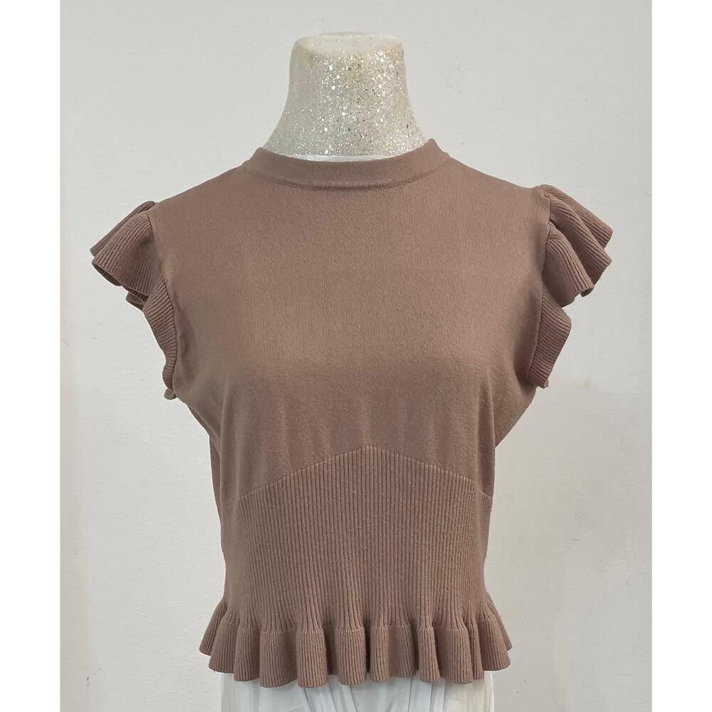 "And Now‎ This” knit ruffle sleeve top in a soft mocha hue sz XL chic versatile